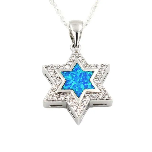 Star Of David Blue Fire Opal Pendant Necklace