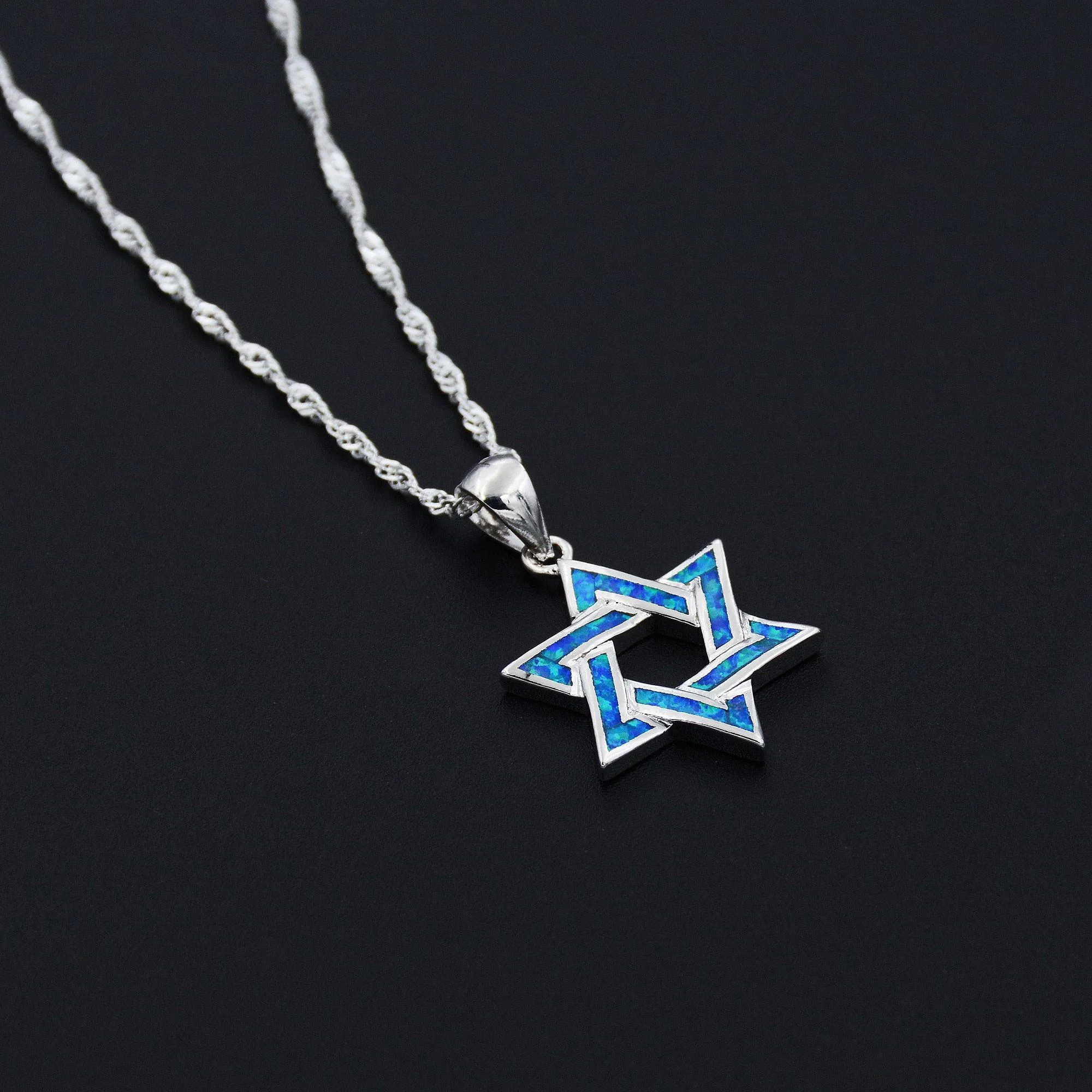 Star Of David Blue Fire Opal Pendant Necklace