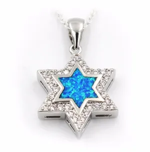 Star Of David Blue Fire Opal Pendant Necklace