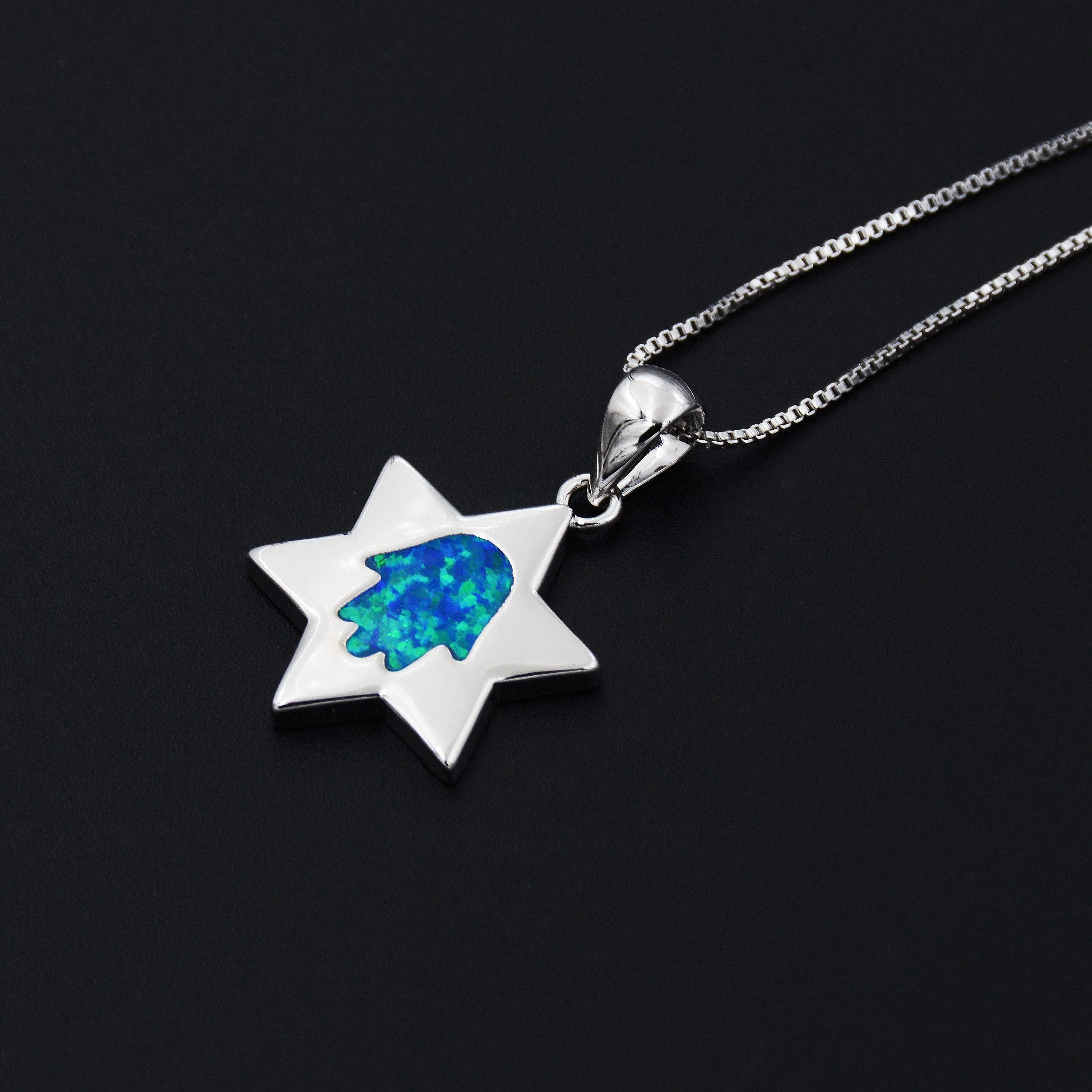 Star Of David Blue Fire Opal Pendant Necklace