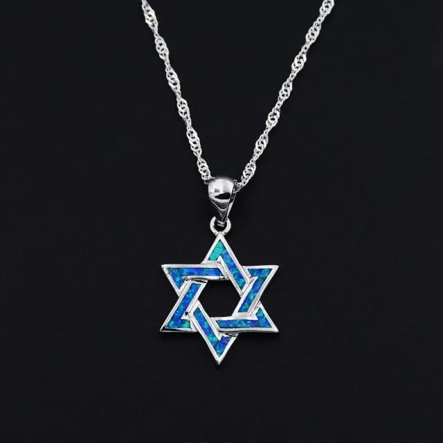 Star Of David Blue Fire Opal Pendant Necklace