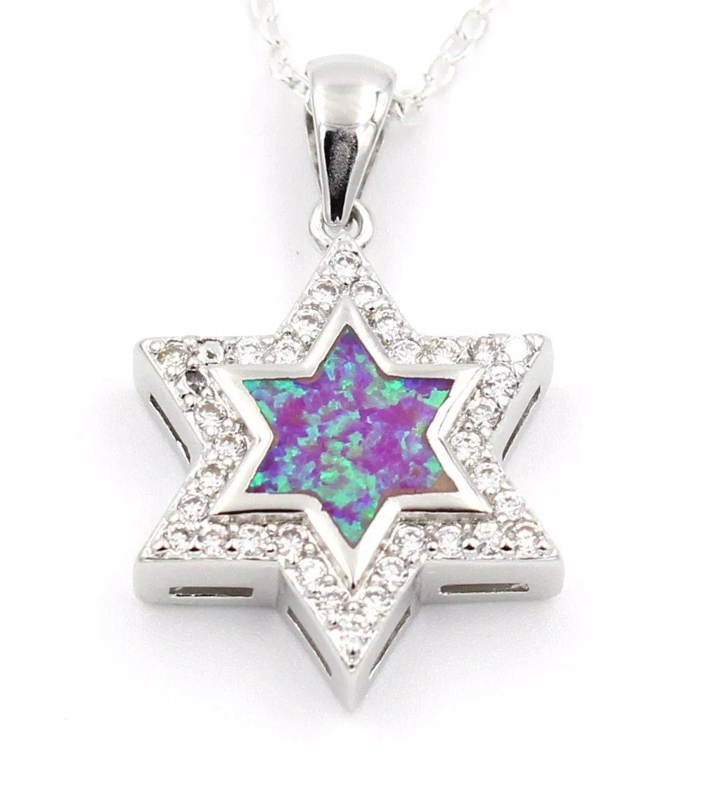 Star Of David Blue Fire Opal Pendant Necklace