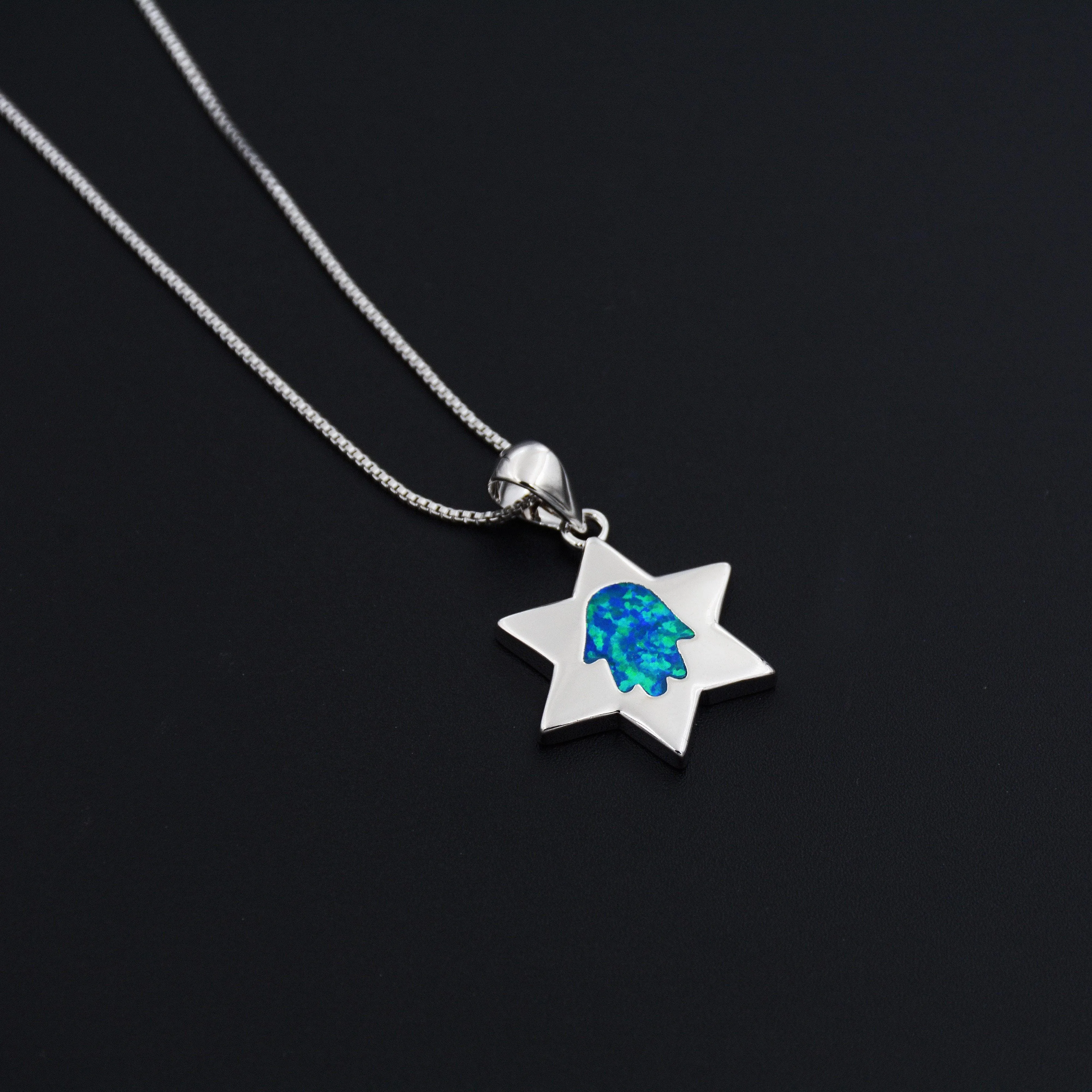 Star Of David Blue Fire Opal Pendant Necklace