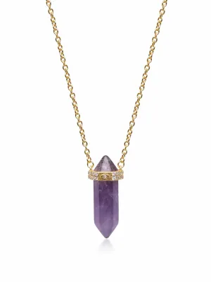 Sterling Silver Amethyst Crystal Necklace with Engraved Evil Eye Detail