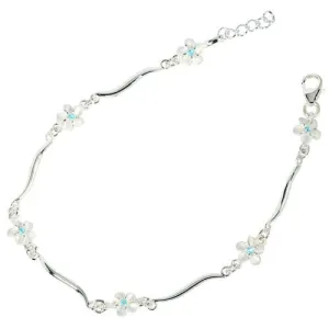 Sterling Silver Hawaiian Plumeria with Blue CZ Wave Bar Links Bracelet