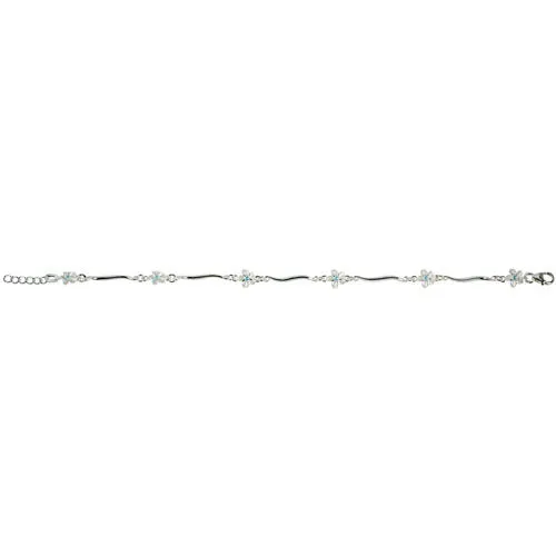Sterling Silver Hawaiian Plumeria with Blue CZ Wave Bar Links Bracelet