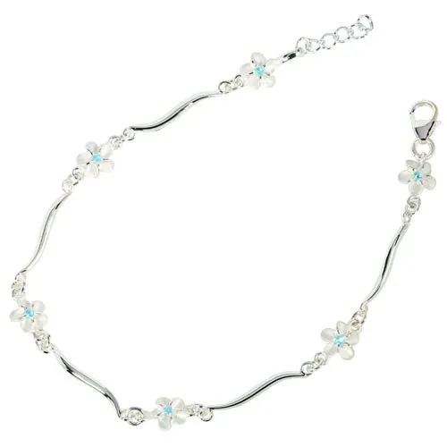 Sterling Silver Hawaiian Plumeria with Blue CZ Wave Bar Links Bracelet