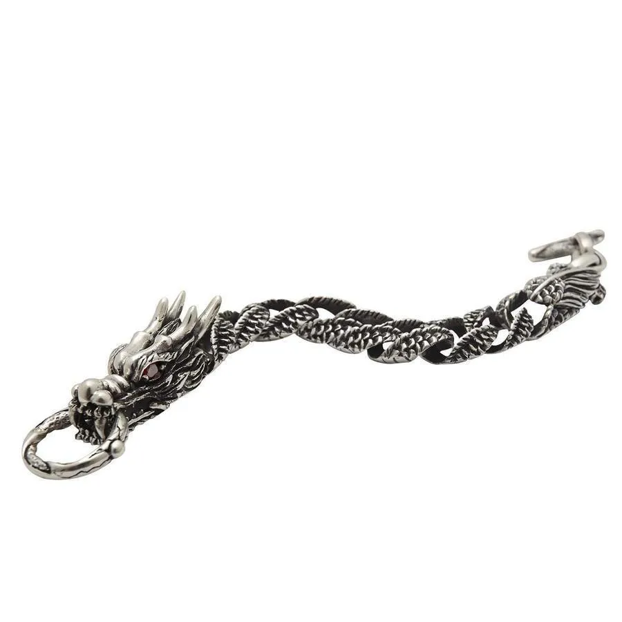 Sterling Silver Mens Red Eyes Dragon Bracelet