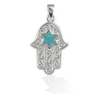 Sterling Silver Opal Jewish Star Hamsa Pendant