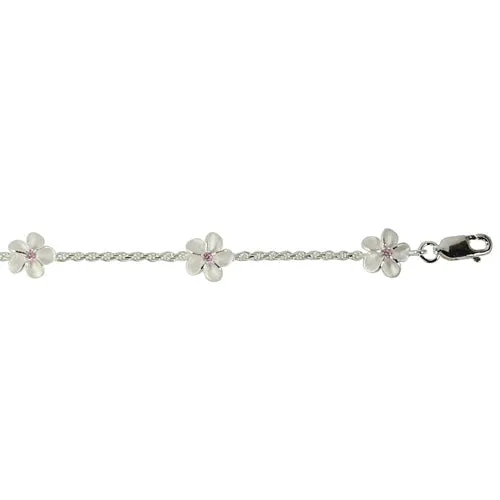 Sterling Silver Rope Chain Plumeria with Pink CZ Links Bracelet