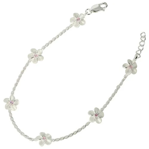 Sterling Silver Rope Chain Plumeria with Pink CZ Links Bracelet