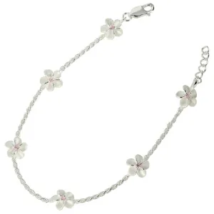 Sterling Silver Rope Chain Plumeria with Pink CZ Links Bracelet