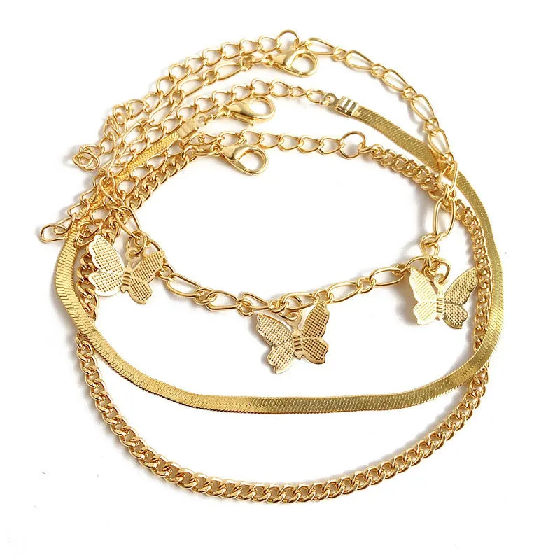 Three-Layer Chain Butterfly Pendant Anklet Set