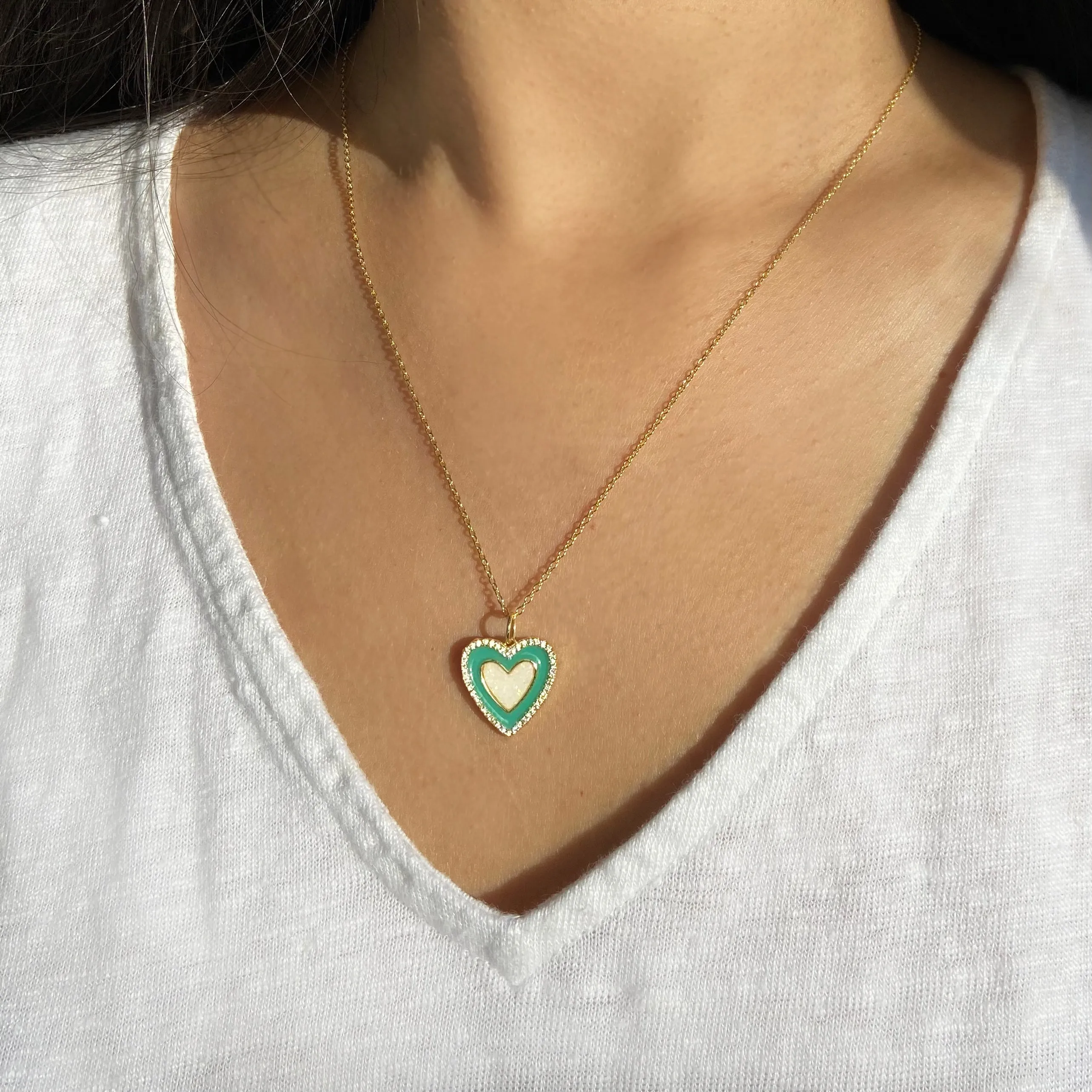 Two Tone Heart Necklace - Turquoise Enamel and Opal
