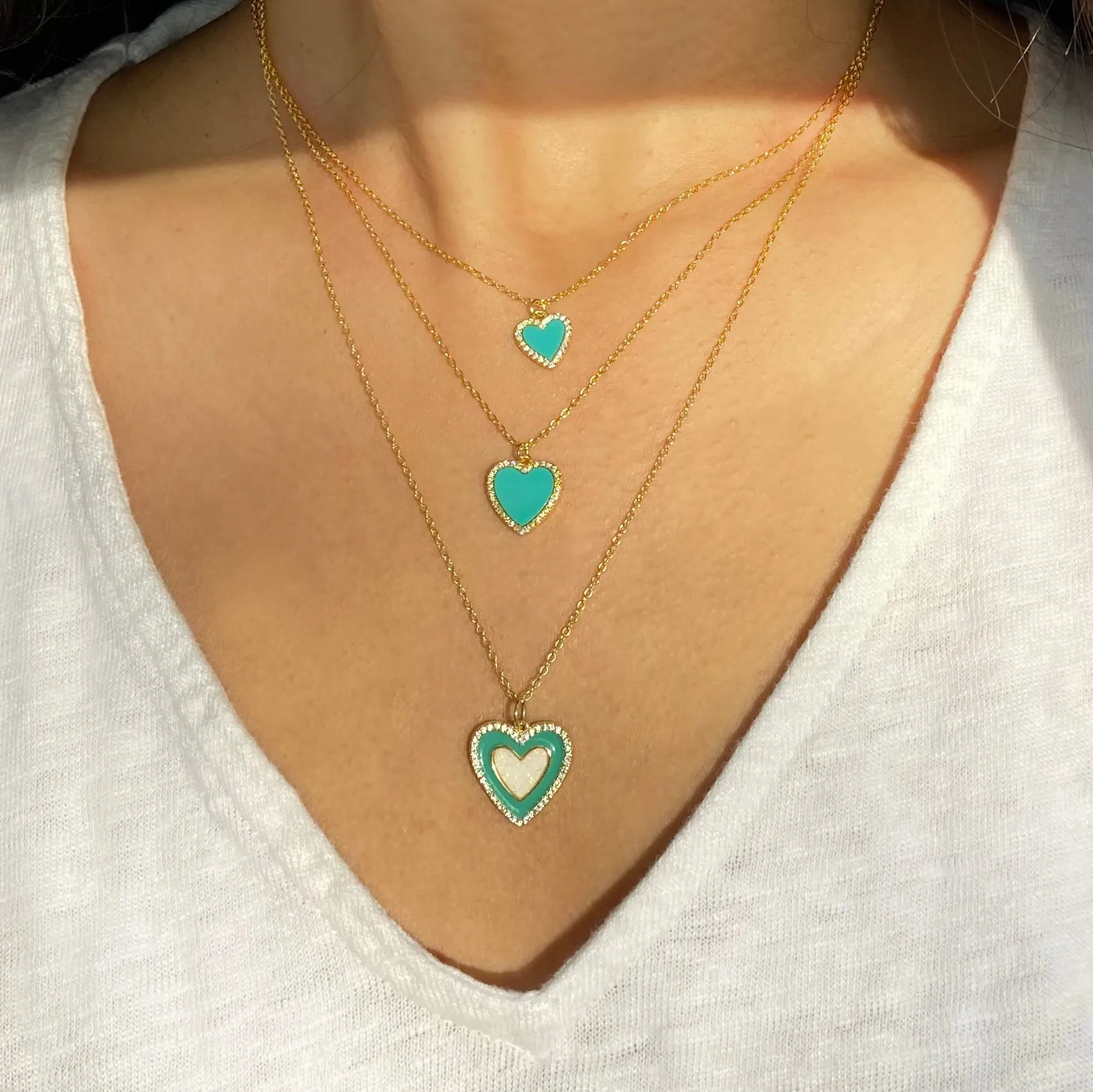 Two Tone Heart Necklace - Turquoise Enamel and Opal