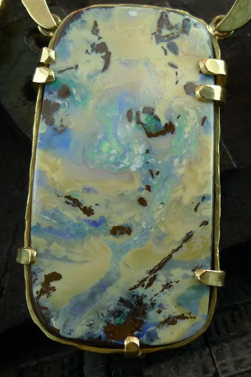 Venetian Estate 18K Yellow Gold and Polished Rough Cut Boulder Opal Necklace