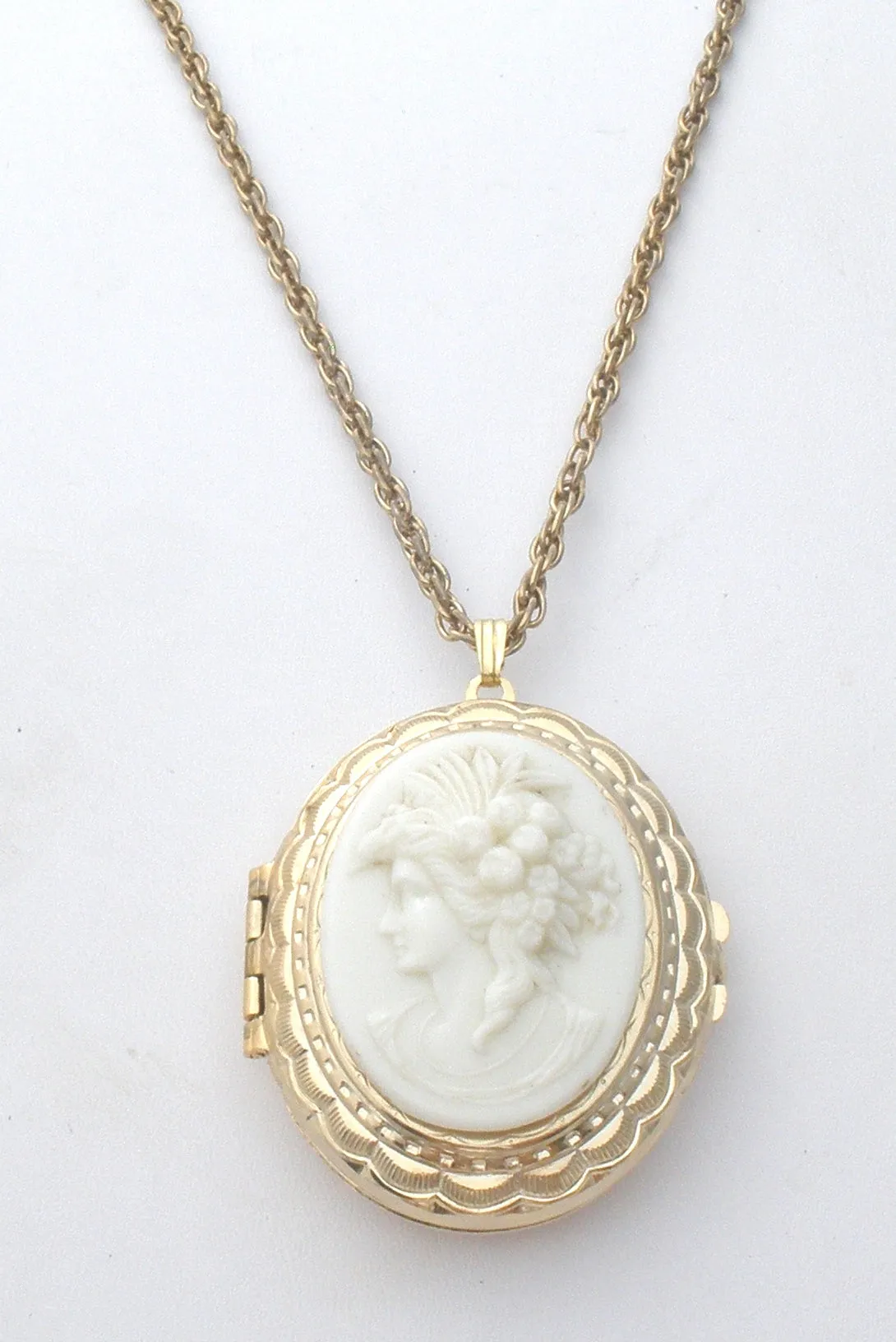 Victorian Style White Glass Cameo Locket Necklace
