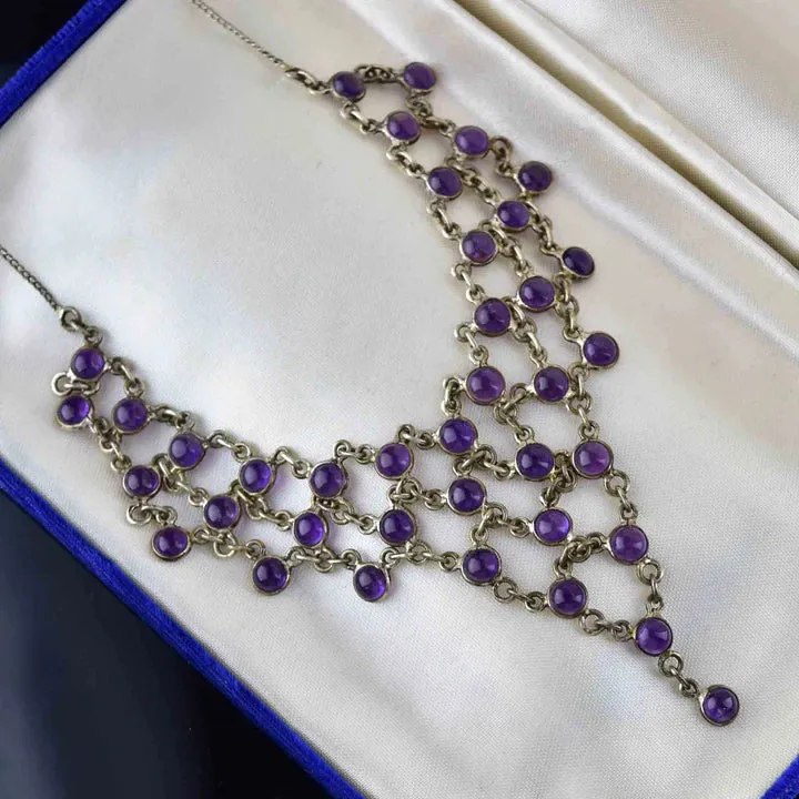 Vintage 925 Sterling Silver Amethyst Waterfall Bib Necklace
