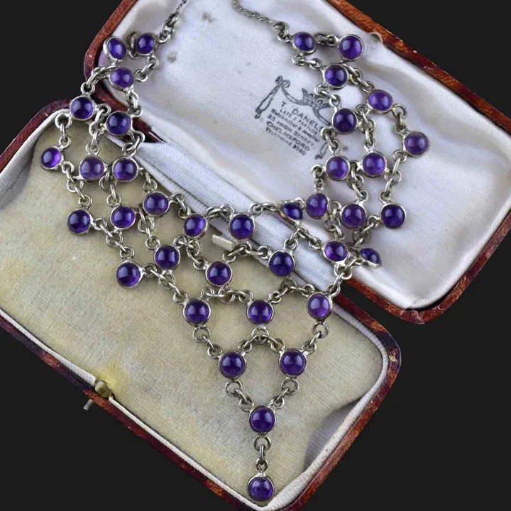 Vintage 925 Sterling Silver Amethyst Waterfall Bib Necklace