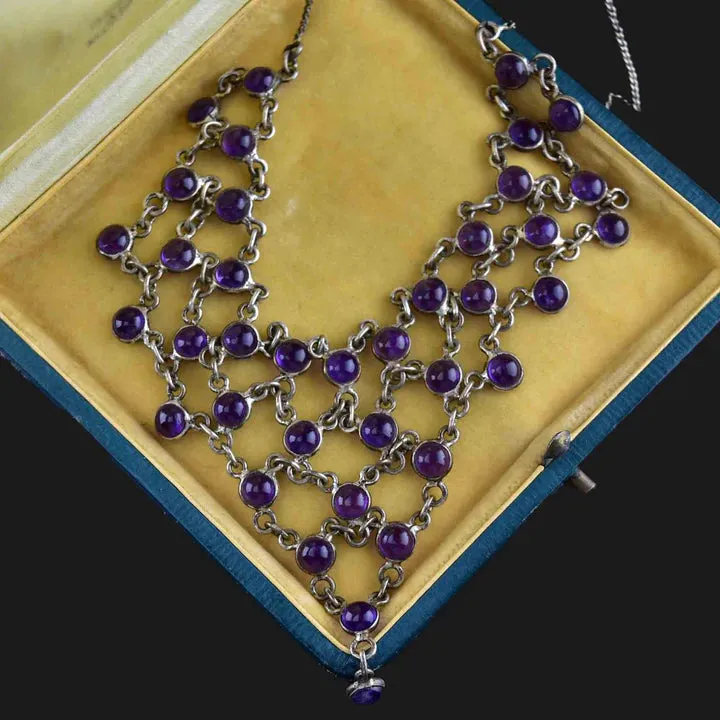Vintage 925 Sterling Silver Amethyst Waterfall Bib Necklace