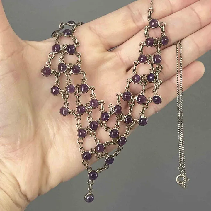 Vintage 925 Sterling Silver Amethyst Waterfall Bib Necklace