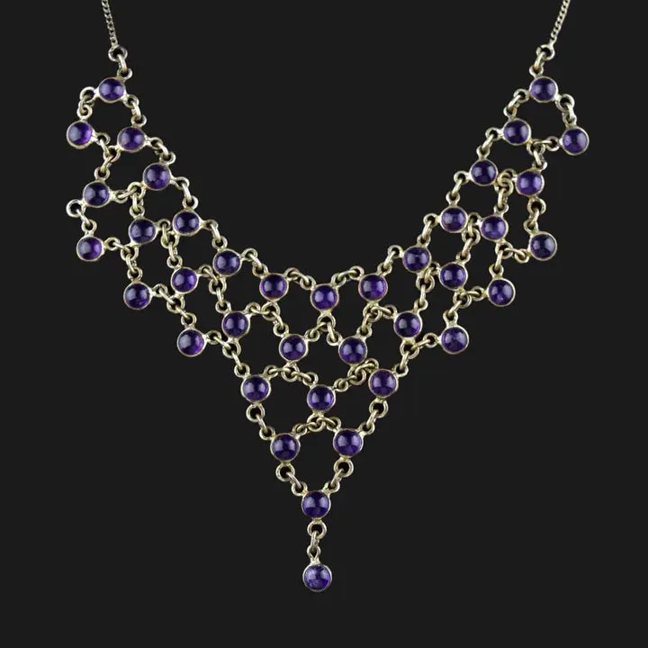 Vintage 925 Sterling Silver Amethyst Waterfall Bib Necklace