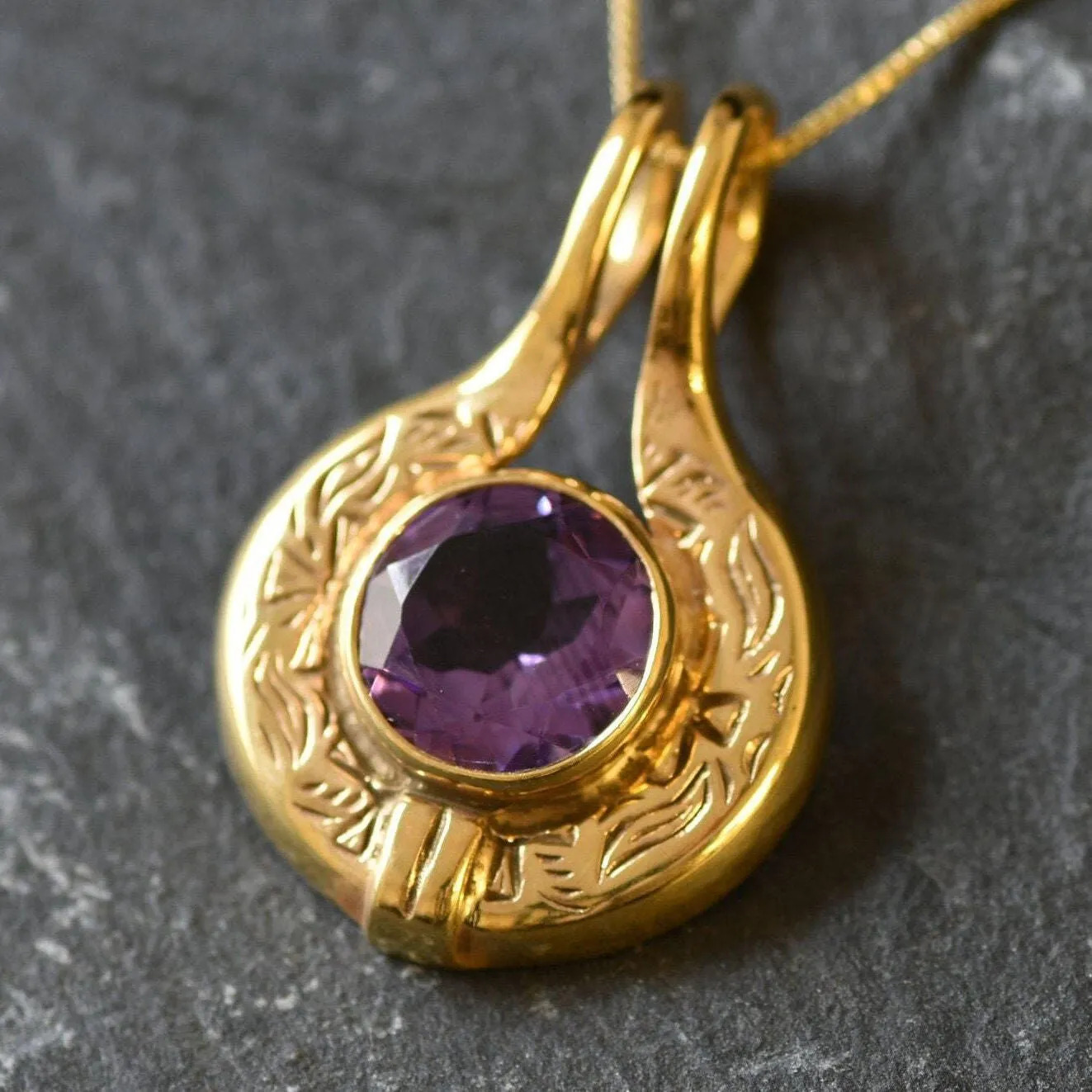 Vintage Amethyst Pendant - Natural Amethyst Necklace, Gold Amethyst Pendant