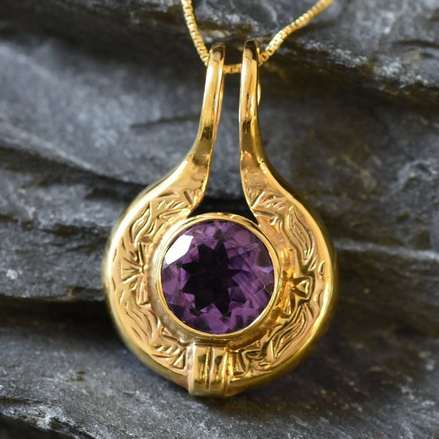 Vintage Amethyst Pendant - Natural Amethyst Necklace, Gold Amethyst Pendant