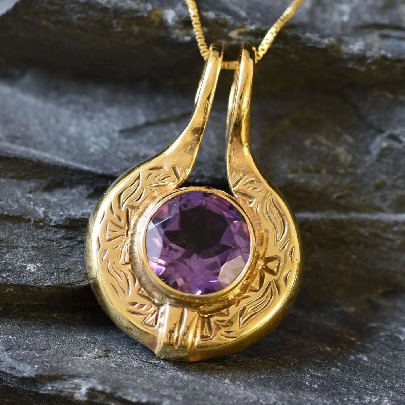 Vintage Amethyst Pendant - Natural Amethyst Necklace, Gold Amethyst Pendant
