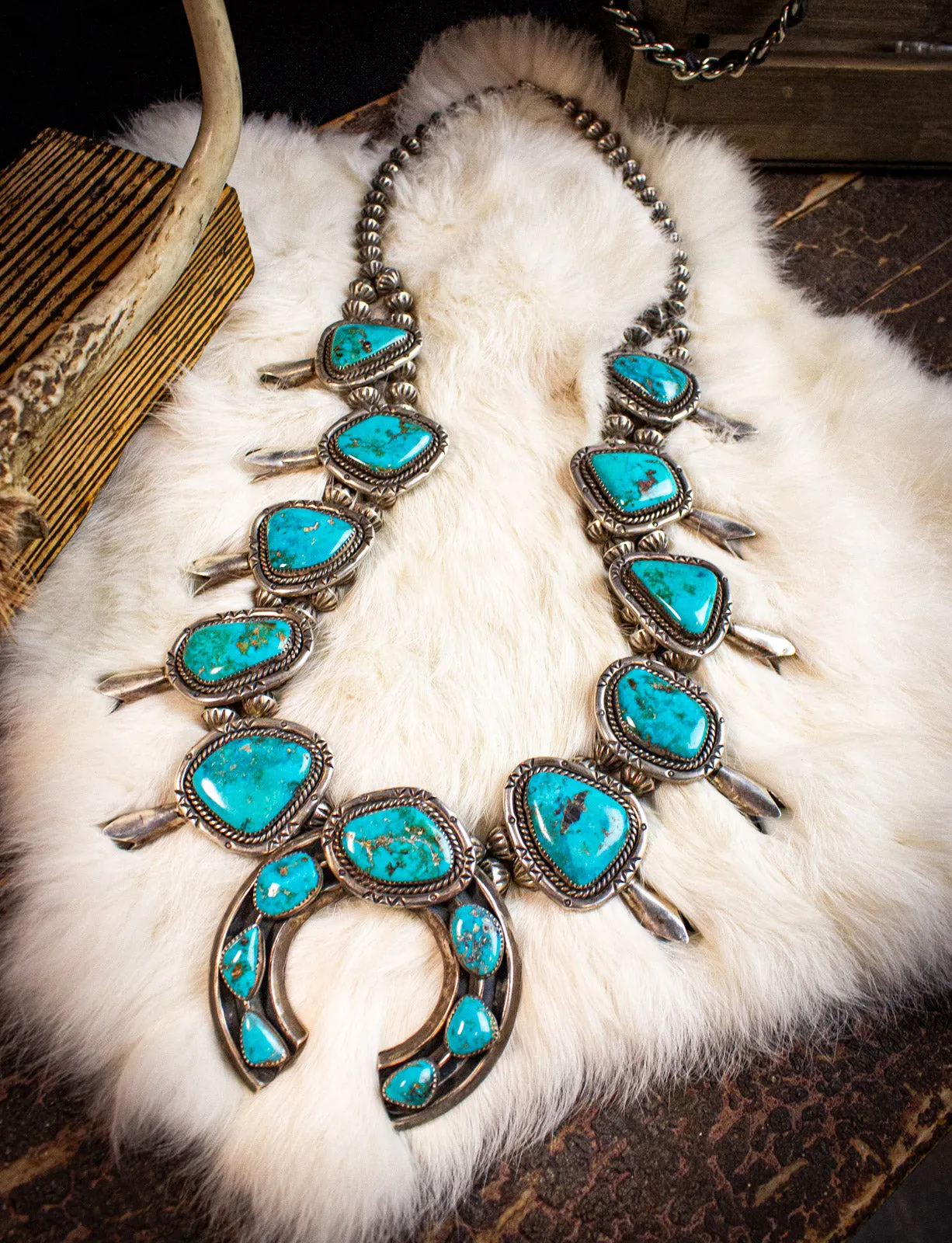 Vintage Kingman Turquoise Sterling Silver Double Bead Squash Blossom Necklace 60s