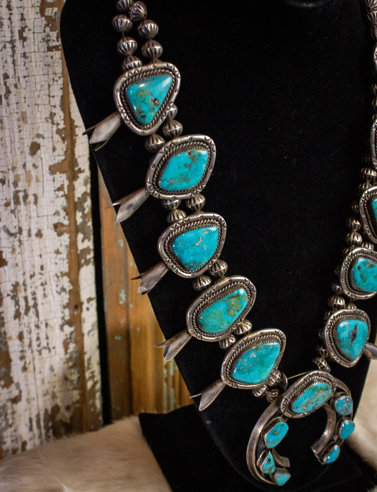 Vintage Kingman Turquoise Sterling Silver Double Bead Squash Blossom Necklace 60s