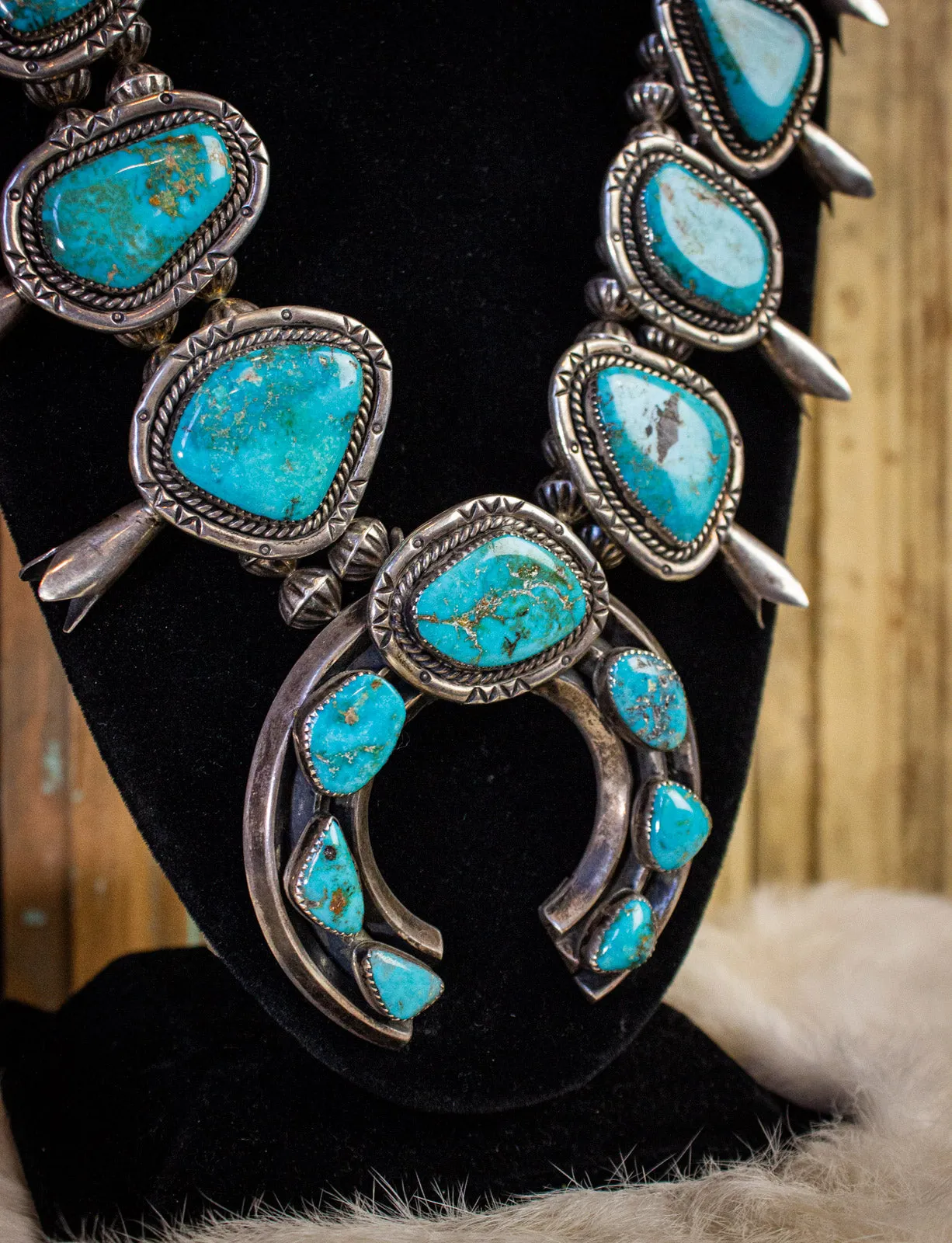 Vintage Kingman Turquoise Sterling Silver Double Bead Squash Blossom Necklace 60s