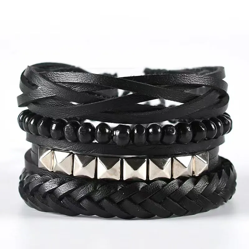 Woven Bracelet Leather Multi-layer Set Electroplated Black Eight Characters